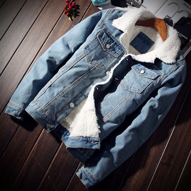 2019 Winter New Fashion Boutique Wool Thick Warm Light Blue Mens Casual Denim Jackets